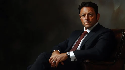 Corporate portrait in chiaroscuro lighting, seated executive.