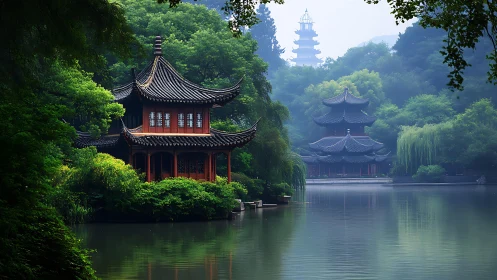 Lakeside pagodas resting in misty emerald garden calm.