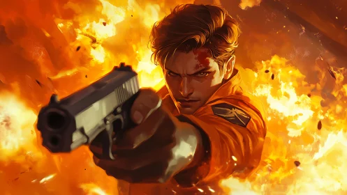 Determined gunman advances through raging cinematic explosion