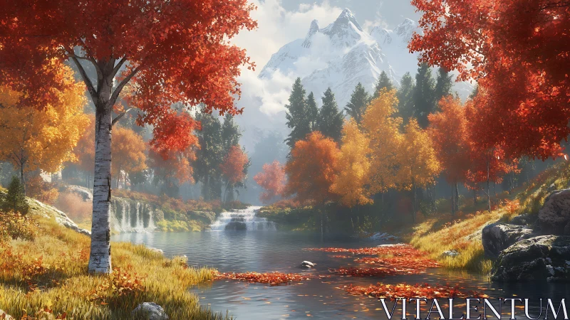 Autumn forest river flows beneath distant snowy mountains