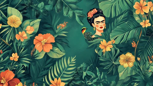 Woman with parrot amid dense tropical foliage and flowers