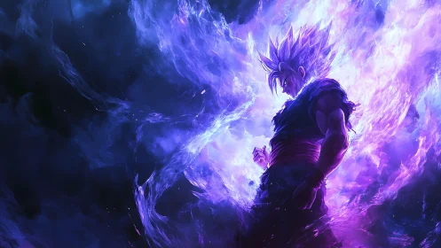 Electric anime warrior wreathed in cosmic violet energy.