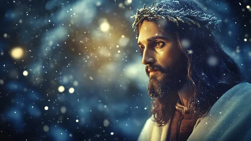 Snowlit holy figure crowned with frost kissed evergreen grace.