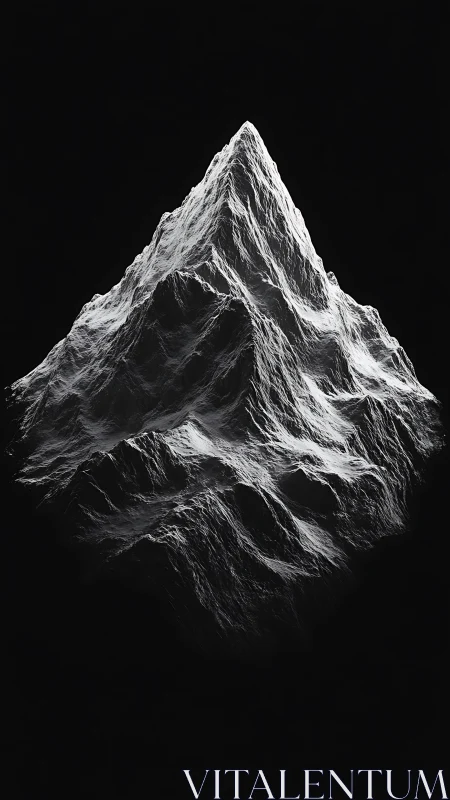 Monochrome topographic mountain rendered in stark volumetric light.