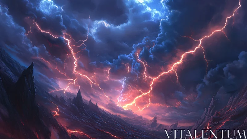 Violent lightning storm over jagged volcanic landscape.