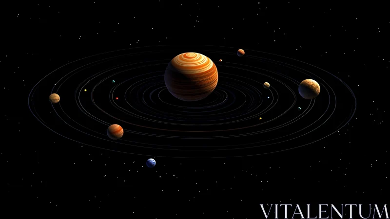 Stylized solar system orbits glow in deep cosmic space