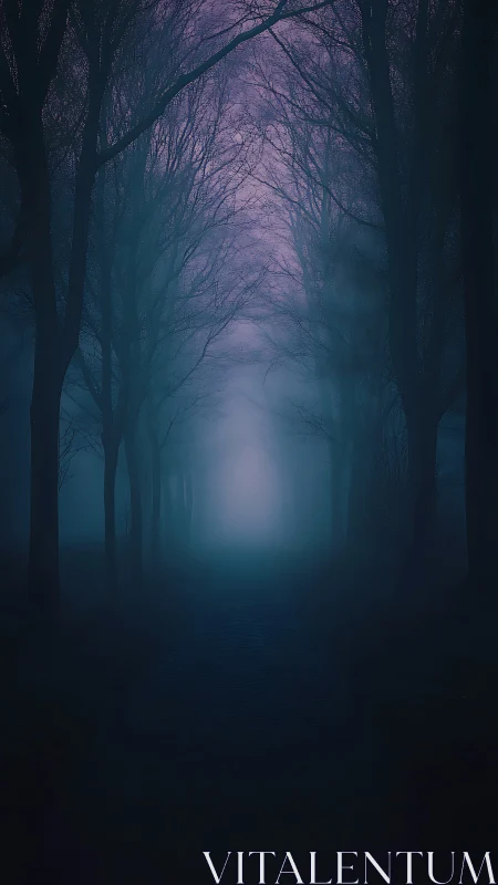 Dense fog corridor in nocturnal forest with cool color gradient