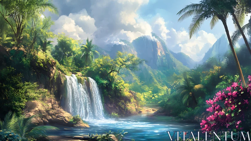 Sunlit jungle waterfall dreaming beneath cloud-bright peaks.