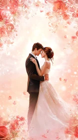 Couple in formal attire positioned against pink rose floral arrangement