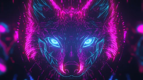 Neon wolf head rendered in symmetrical cyberpunk outlines.