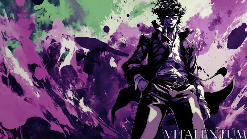 Stylized anime antihero dominates abstract neon splatter field