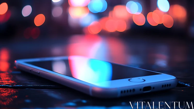 Smartphone on wet surface reflects neon bokeh city lights