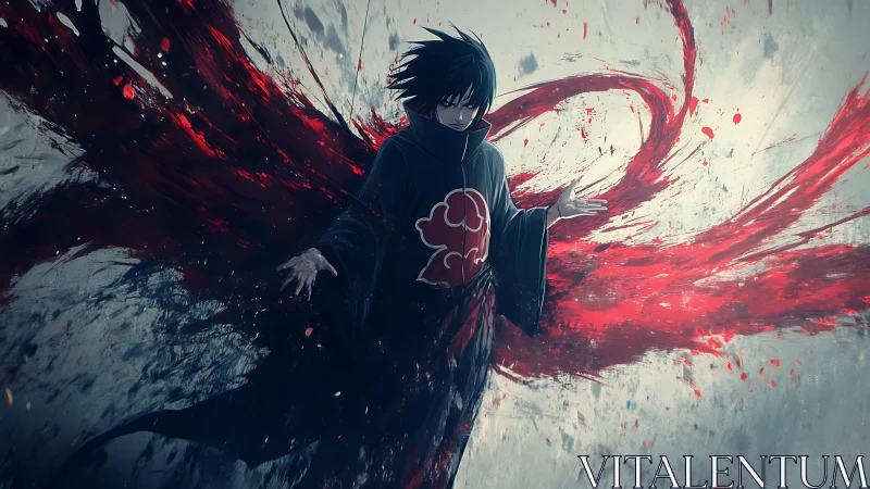 Dark cloaked figure amid red abstract swirling forms.