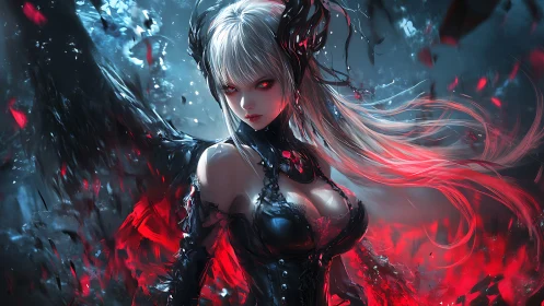 Dark fallen angel warrior amid crimson storm shards.