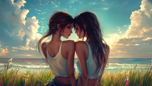 Two Women Embracing on Beach Meadow with Luminous Sky and Coastal Backdrop