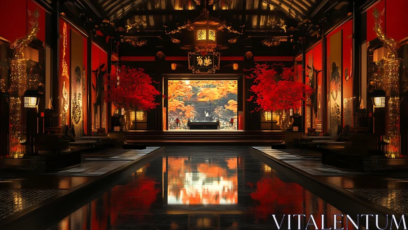 Opulent red temple hall reflects autumn garden panorama