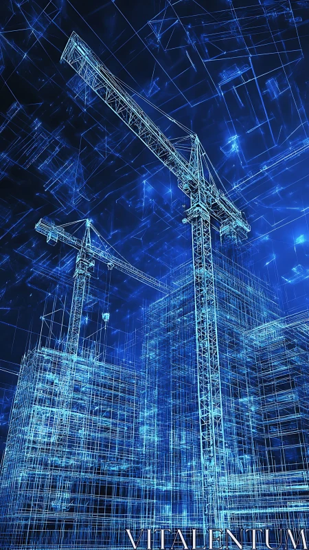 Digital wireframe construction cranes dominate virtual skyline