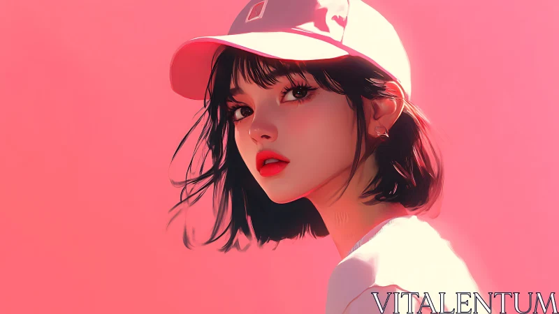 Softly lit pink portrait of girl in cap with vivid gaze.