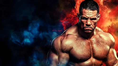 Muscular fighter portrait framed by blue and red flames.
