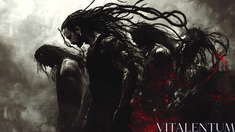 Dark warrior progression with splintered silhouettes.