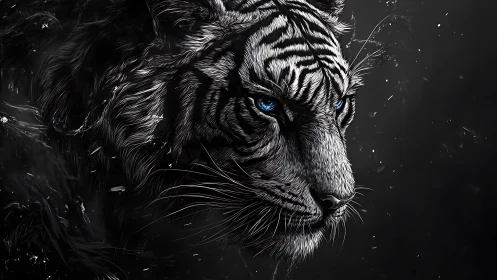 Monochrome tiger profile with blue eyes on dark background.