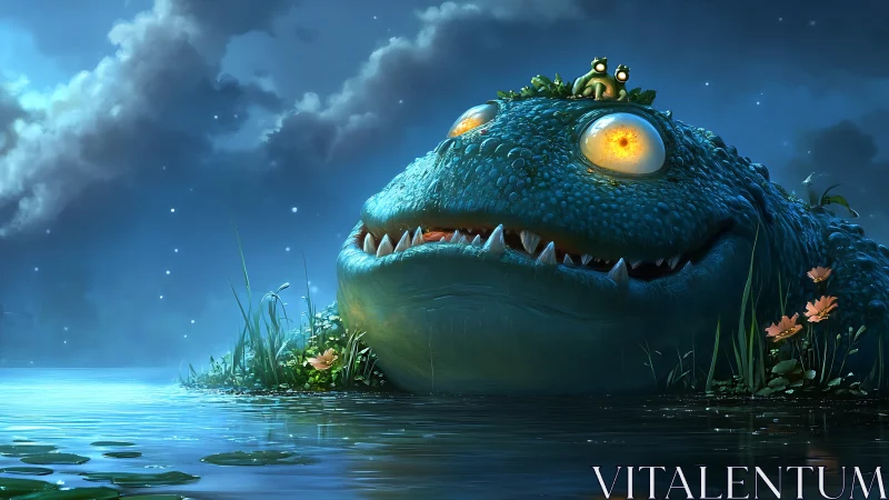 Moonlit bog behemoth grins beneath firefly-blue night.