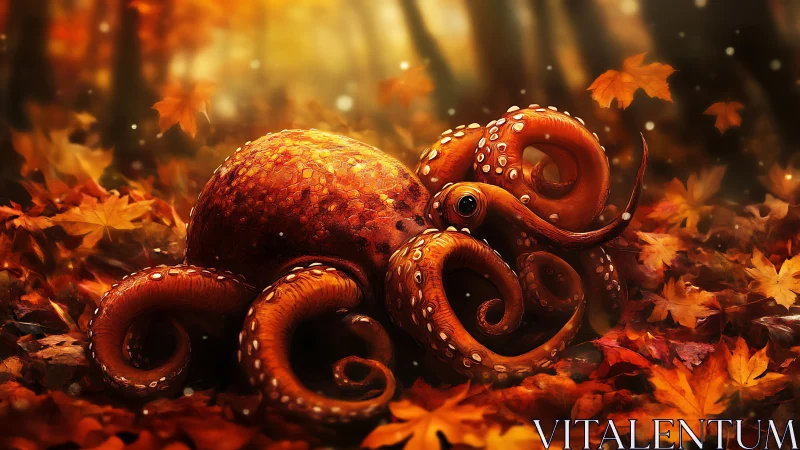 Autumn forest octopus curled among glowing fallen leaves.