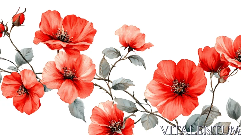 Red Coral Flowers Bloom Against White with Muted Green Foliage.