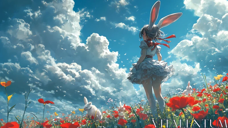 Anime rabbit girl in poppy field under dramatic sky.