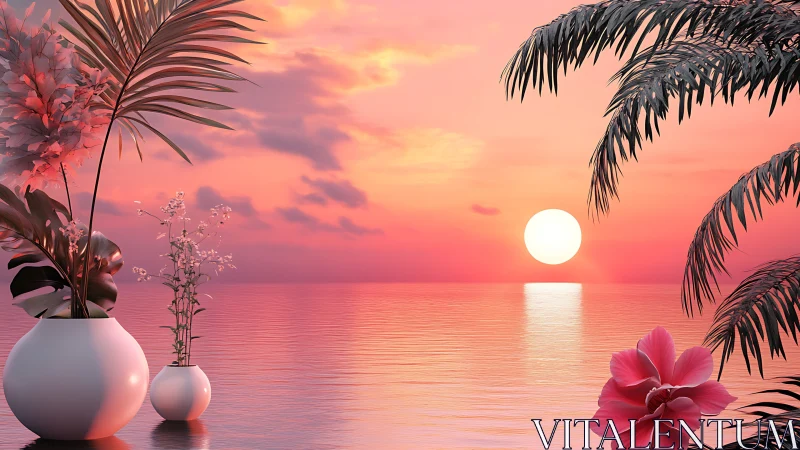Tropical potted plants frame calm ocean sunset view