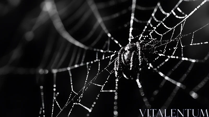 Macro spider web geometry with dew in dramatic monochrome.