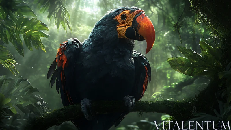 Vibrant toucan perched in lush jungle, digital art realism.