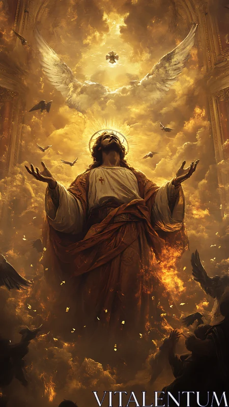 Radiant ascension scene bathes robed figure in divine light