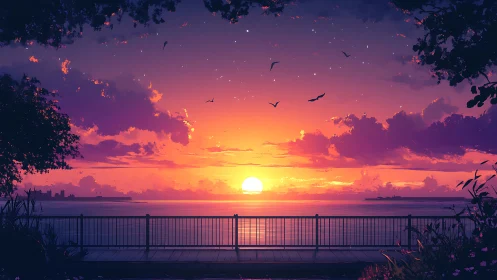 Sunset over calm sea viewed from fenced promenade.