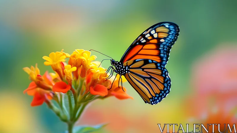 Gentle monarch butterfly resting on bright spring blossoms.