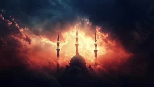 Mosque silhouette with minarets framed by luminous clouds.