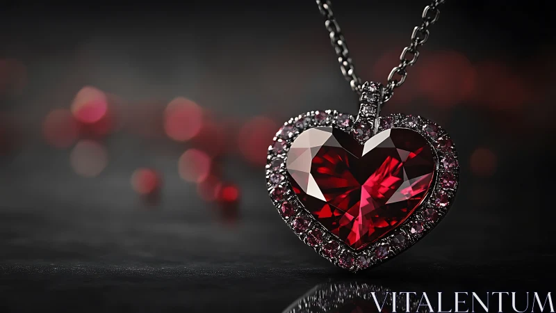 Red heart gemstone pendant on chain in dark close-up shot.