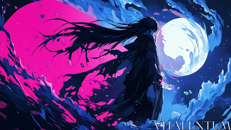 Lone dark warrior faces neon moon amid crashing waves.