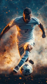 Male footballer in white kit striking ball amid particles.