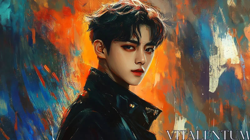 Brooding young man emerges amid blazing abstract colors