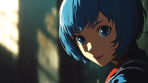 Blue haired dusk dreamer poised in cinematic alley light.