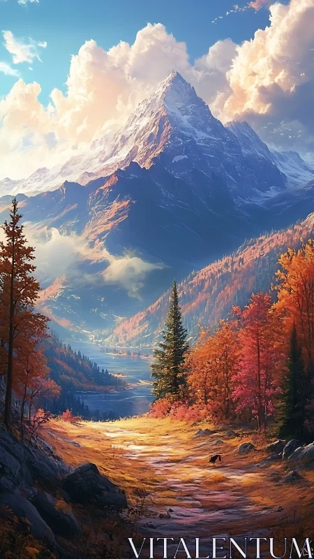 Mountain valley landscape shows autumn forest and distant lake