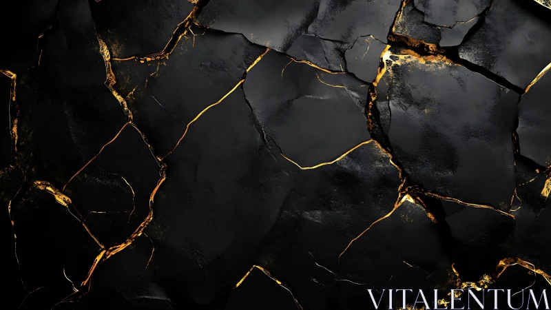 Cracked matte black stone surface with metallic gold fissures