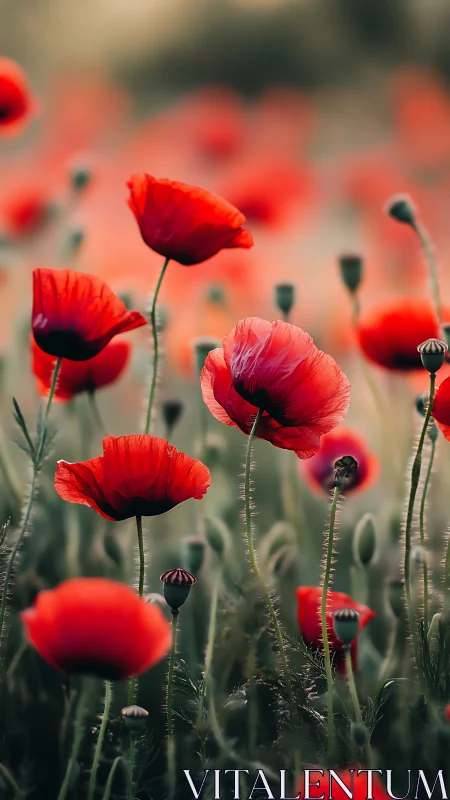 Red Poppies in Field with Selective Focus.