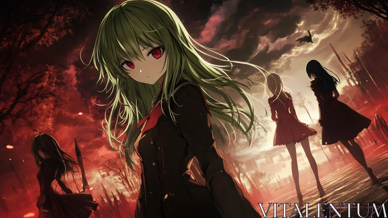 Four determined girls stand strong in a fiery twilight city.