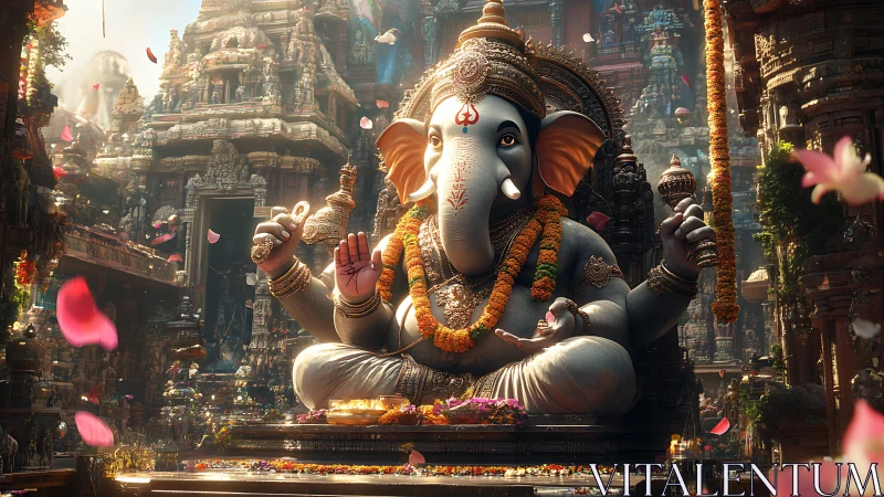 Large Ganesha statue in ornate temple courtyard at sunrise.