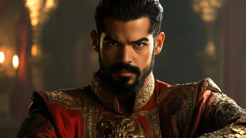 Regal warrior in ornate red and gold ceremonial armor.