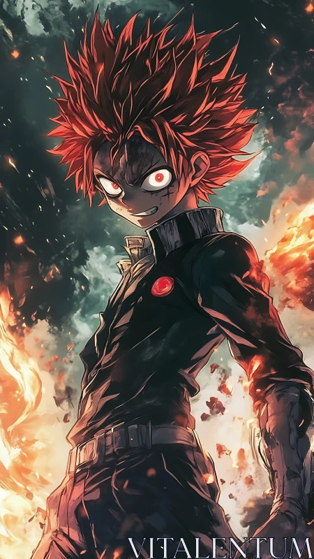 Inferno-eyed rebel ignites storm-lit battlefield with fury.