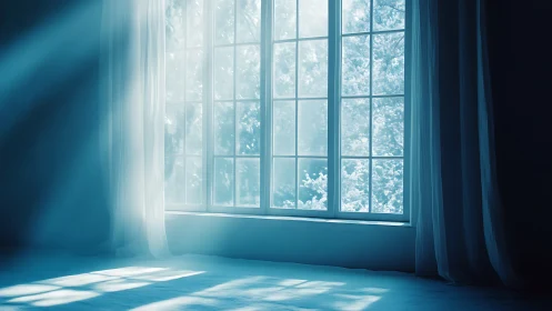 Cold blue winter light floods minimalist interior through window