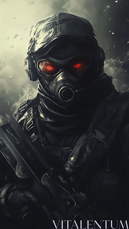 Masked futuristic soldier with glowing eyes in smoky dusk.